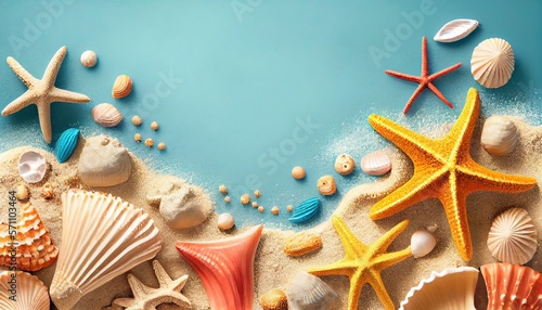 Seashell, starfish and beach sand on blue background with Generative AI