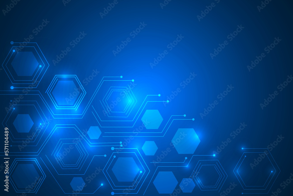 circuit lines abstract backdrop. abstract hexagons digital geometric on blue background. Technology connection illustration.