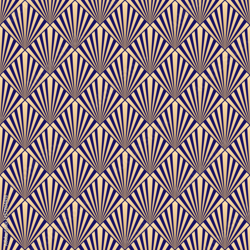 art deco seamless pattern with golden sunburst on blue background