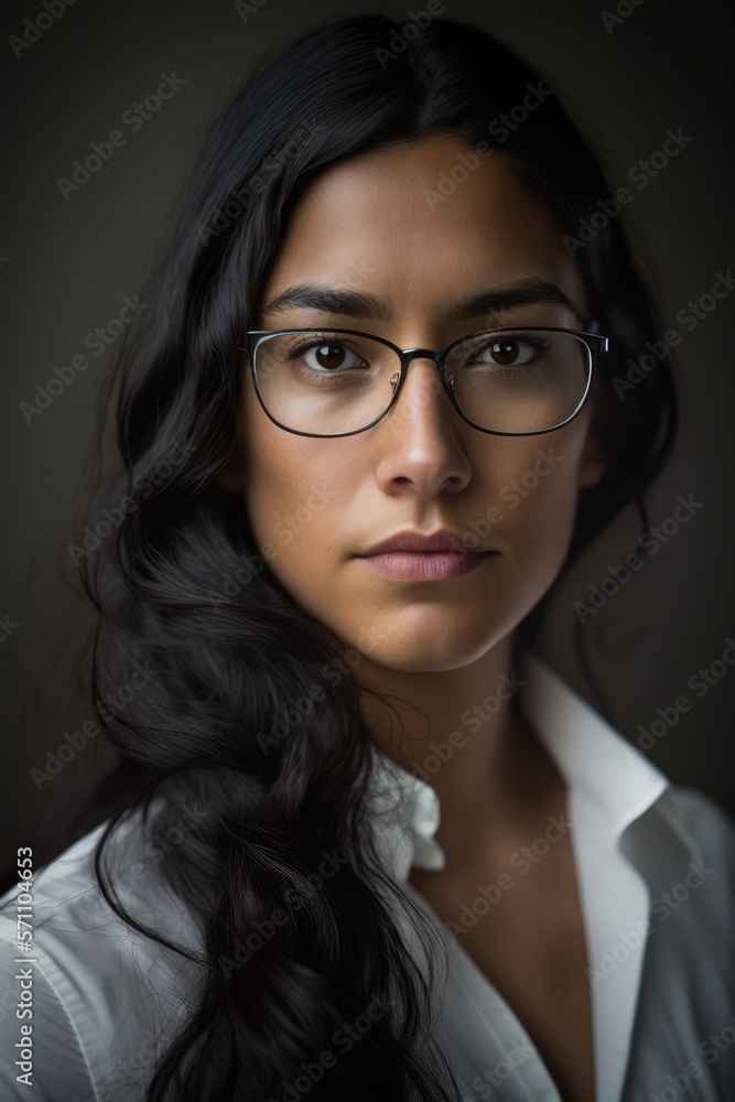 Attractive Young woman using eyeglasses wearing a white shirt looking at the camera. Generative AI Attractive Young woman using eyeglasses wearing a white shirt looking at the camera. Generative AI
