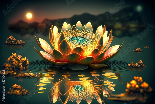 Golden Luxury Lotus Rose at Night in the Water, wIth Reflection of the Lotus in Water. Ai Generated Illustration photo