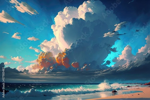 Sandy shore beach with rain clouds on the horizon slowly engulfing the late afternoon summer day blue sky, breathtaking ocean seascape vista - generative AI illustration.