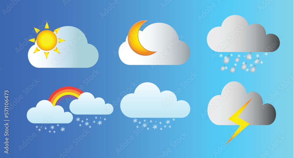 weather icons set, sun, cloud, moon, star, rain, snowflake, rainbow