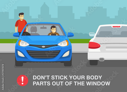 Safety car driving tips and rules. Reckless male character dangles out of front car window. Do not stick your body parts out of the window. Parking area view. Flat vector illustration template.