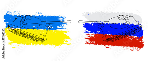 One continuous line of tank or armored vehicle with flags color in the background. Thin Line Illustration vector concept. Contour Drawing Creative ideas.