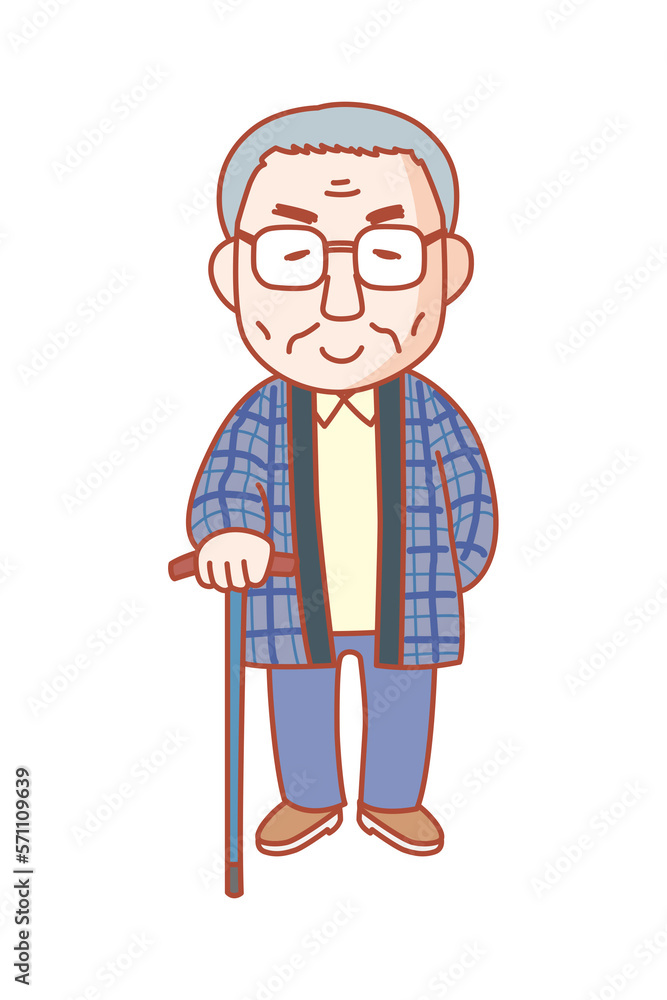 白髪で杖をつき、半纏を着ているおじいちゃん。面倒見がよく責任感がある。地域ボランティアをしている。 白髪で杖をつき、半纏を着ているおじいちゃん。面倒見がよく責任感がある。地域ボランティアをしている。