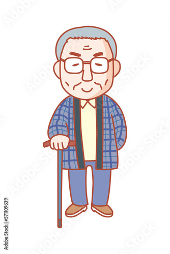 白髪で杖をつき、半纏を着ているおじいちゃん。面倒見がよく責任感がある。地域ボランティアをしている。