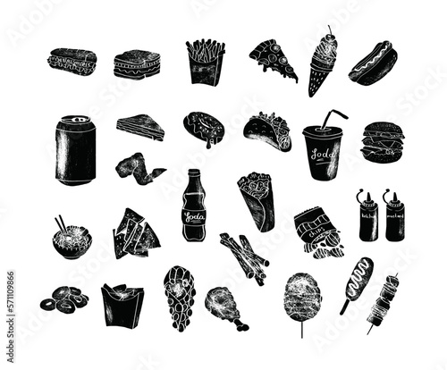 Big vector set, fast food. Sketch style. Fast food. Hamburger, taco, burrito, chicken, potato, fries, sandwich, lemonade, ice cream, hot dog, ketchup, mustard, soda. Hand drawn elements.