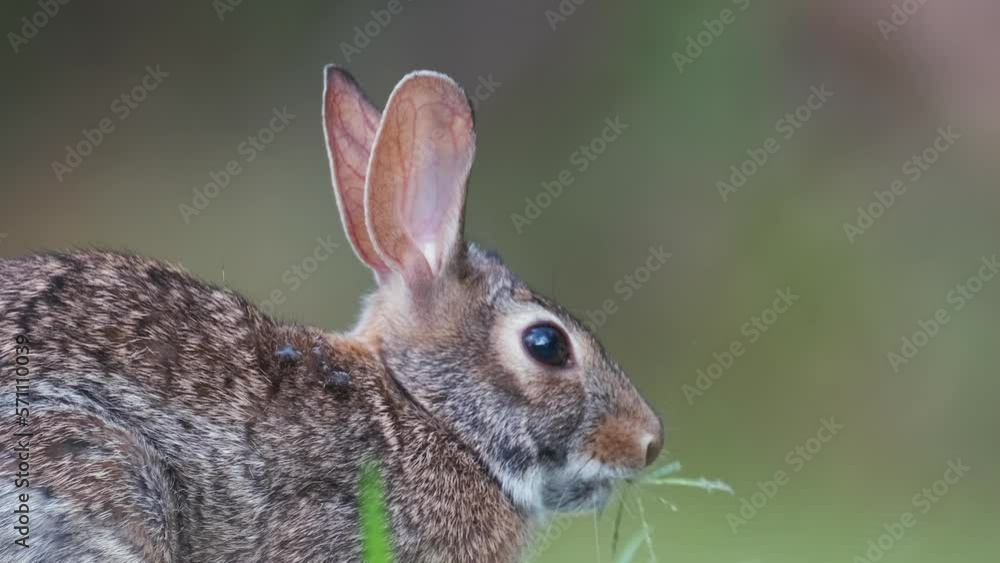 Grey small hare eating grass on summer field. Wild rabbit in nature Grey small hare eating grass on summer field. Wild rabbit in nature