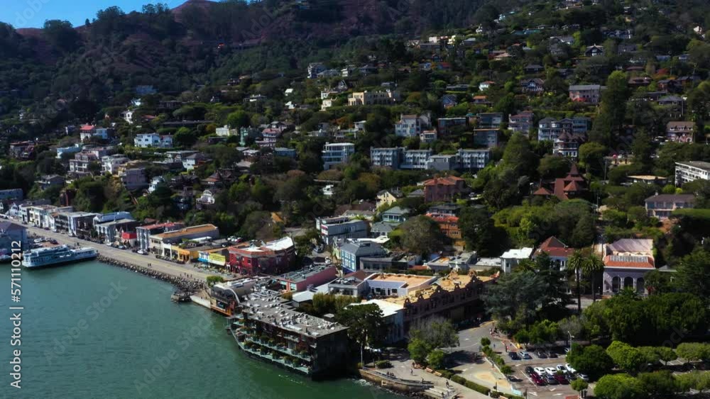 California Real Estate in Seaside City of Sausalito in Bay Area, Aerial Panning California Real Estate in Seaside City of Sausalito in Bay Area, Aerial Panning