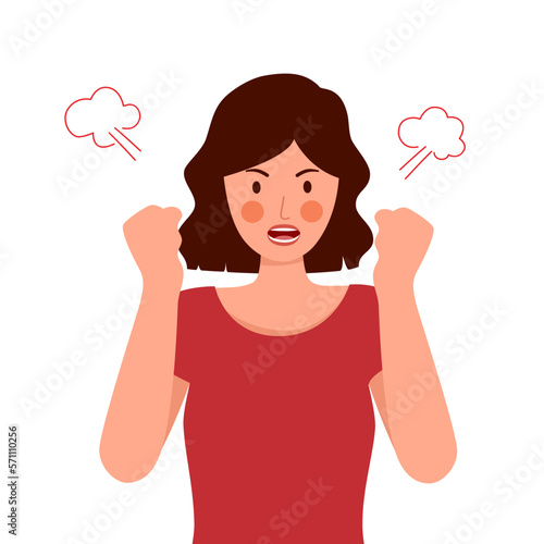 Angry woman expression character in flat design. Anger emotion.