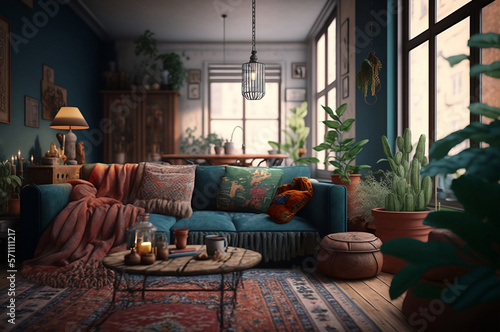 Living Room Interior Design in the Style of Boho AI Generated