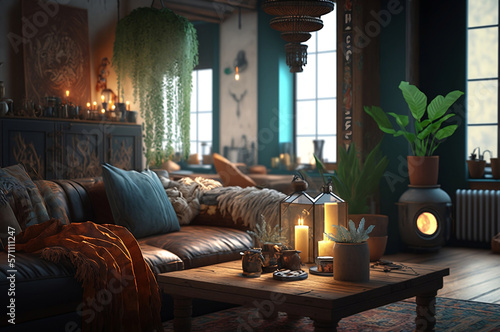 Living Room Interior Design in the Style of Boho AI Generated photo