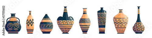 Greek vase ancient jar set isolated. Ceramic vase with greek symbol. Cartoon vector illustration. Pottery jar earthenware antique design.