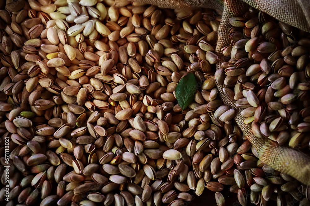 Roasted salted pistachios. Dried pistachios in small sack on table. Roasted salted pistachios. Dried pistachios in small sack on table.