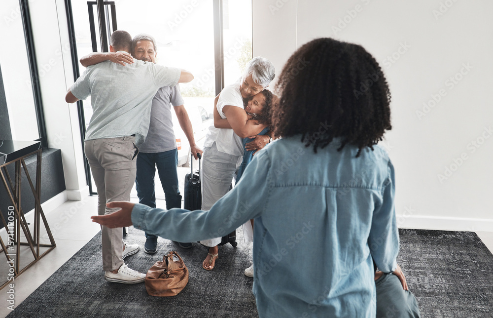 Fototapeta premium Big family, welcome hug and thank you gesture of grandparents, children and mom in a house. Living room, love and parent care with kids and mother back in a house greeting senior people in a lounge