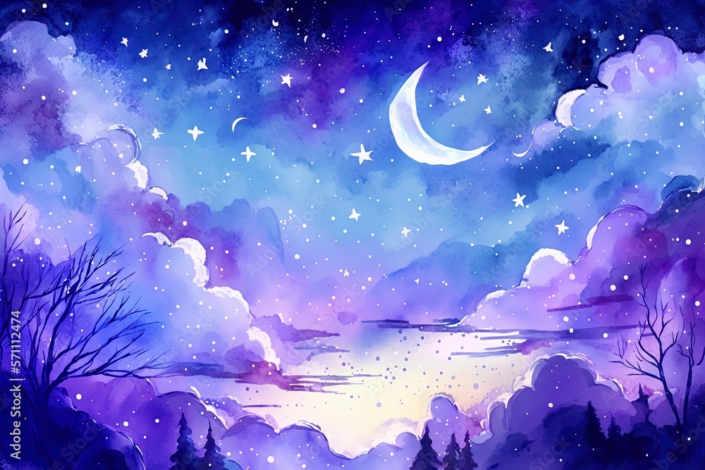 Sky with stars and moon, watercolor with Generative AI