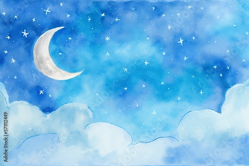 Sky with stars and moon, watercolor with Generative AI