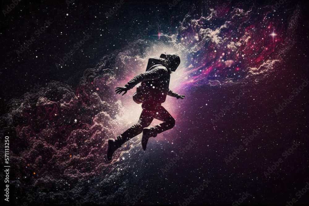 silhouette of a person flying through space, digital art style