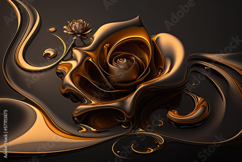 fractal flowers golden and black liquid marble background. Resin geode and abstract art, functional art, like watercolor geode painting. 3d wallpaper for wall frames. Generated AI.