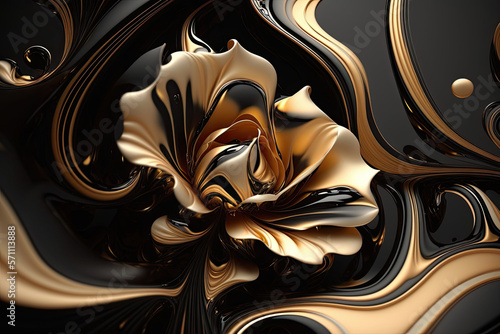 fractal flowers golden and black liquid marble background. Resin geode and abstract art, functional art, like watercolor geode painting. 3d wallpaper for wall frames. Generated AI.