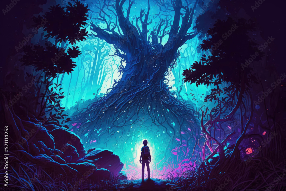 The Glowing Alluring Tree of the Magic Forest, digital art style