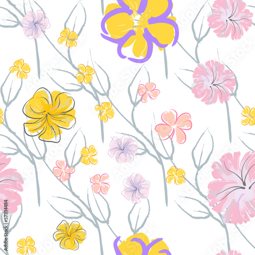 Pink Flowers Blooming Pattern. Pastel Watercolor.