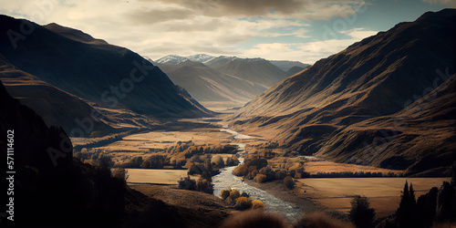 Spectacular Scenic View: The Majestic Valley Between Queenstown and Arrowtown, New Zealand. Generative AI