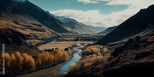 Spectacular Scenic View: The Majestic Valley Between Queenstown and Arrowtown, New Zealand. Generative AI