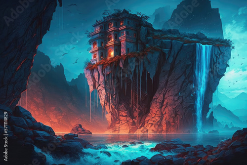 Landscape with Mansion Ruins at the top of Cliff and Waterfall, digital art style