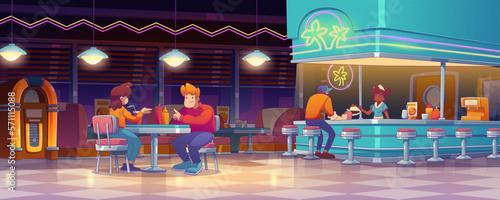 Diner, american restaurant interior with people eating food, bar counter, tables, jukebox and waitress. Retro cafe or coffee shop in 50s style, vector illustration in contemporary style