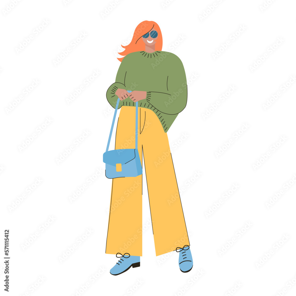 70s disco vector color illustration. Young girl in retro fashion clothes.