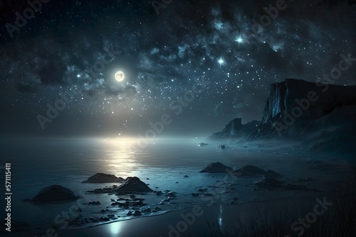 A serene and glittering landscape of a misty sea under a starry night sky.