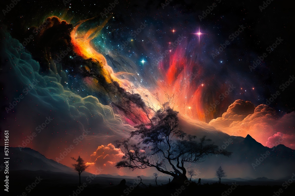 A mesmerizing and tranquil night sky filled with a breathtaking display of cascading starfall and vibrant nebula clouds.
