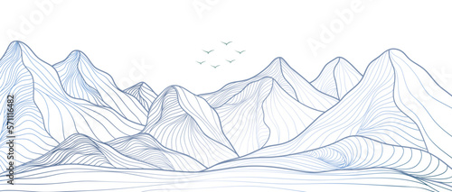 Hand drawn style of creative minimalist modern line art print. Abstract mountain contemporary aesthetic backgrounds landscapes. with mountain, flying bird, ocean wave. vector illustrations