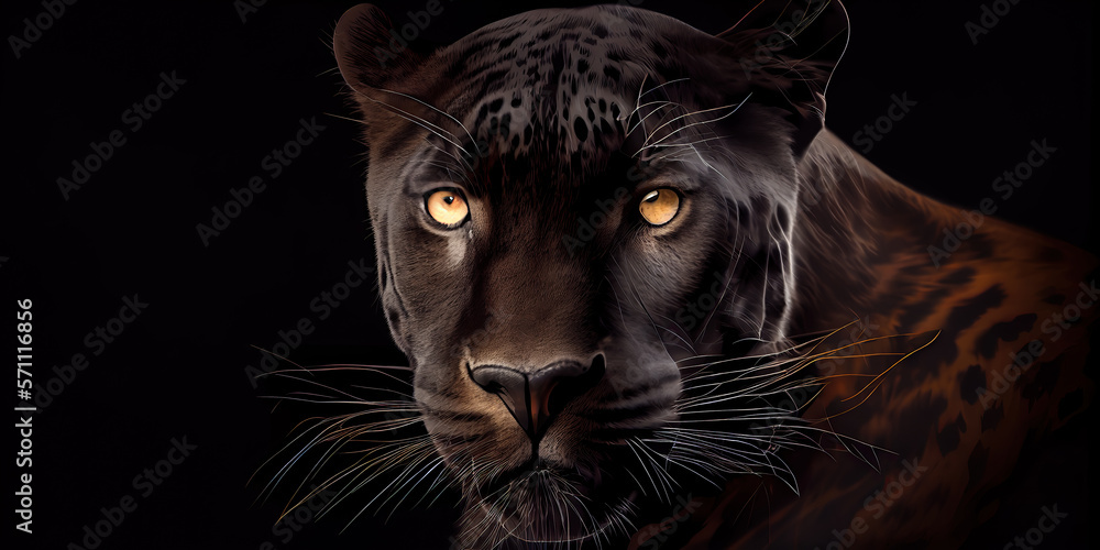 Majestic Panther on Black: A Stunning Portrait of the Wild Predator. Generative AI