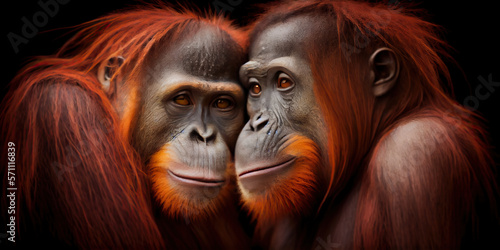 Intimate Moment: Adorable Orangutan Couple Captured in a Tender Embrace, Showcasing the Wild Beauty of these Human-Like Monkeys © AGA ART Studio