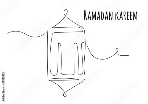 One continuous single line of ramadan kareem word with big lantern isolated on white background.