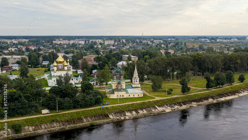 Uglich, Russia. Church of the Nativity of John the Baptist. Resurrection monastery. Male Monastery (friary) on the banks of the Volga in Uglich, Aerial View