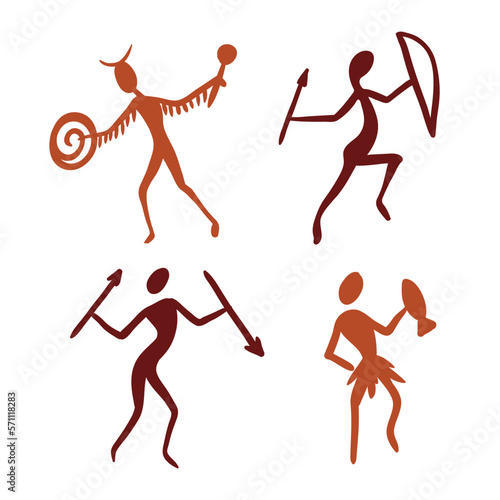 Prehistoring humans cave drawings Illustrations set on white background.