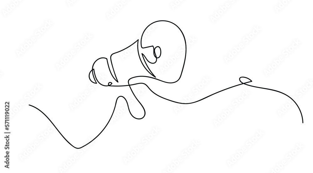 Obraz premium Megaphone announcement, One continuous single line drawing of hand hold horn isolated on white background.