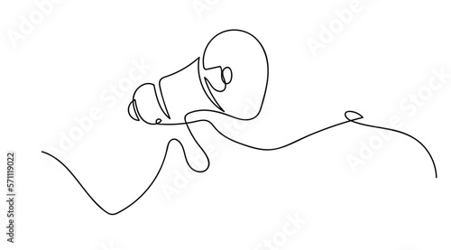 Megaphone announcement, One continuous single line drawing of hand hold horn isolated on white background.