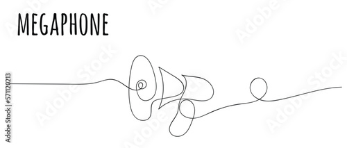 Megaphone announcement, One continuous single line drawing of hand hold horn isolated on white background.