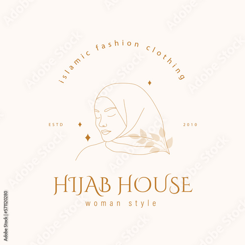 Logo for hijab house. Logotype with muslim woman in linear style. Headdress shop or wear store. Modern vector hand drawn illustration.