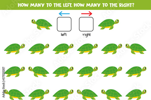 Left or right with cute cartoon turtle. Logical worksheet for preschoolers.