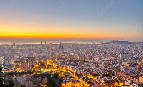 The skyline of Barcelona in Spain before sunrise