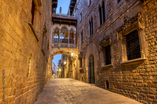 The historic Barrio Gotico in Barcelona at twilight with the Pont del Bispe