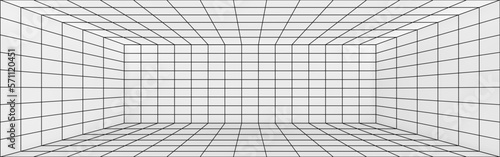 3D perspective of wireframe room background. Realistic vector illustration of rectangle line grid box interior with white walls  ceiling  floor  corners. Abstract virtual space. Cyber dimension
