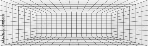 3D perspective of wireframe room background. Realistic vector illustration of rectangle line grid box interior with white walls, ceiling, floor, corners. Abstract virtual space. Cyber dimension