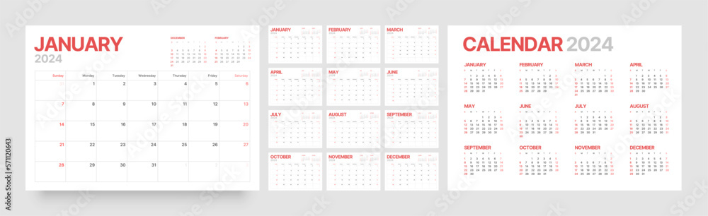 Monthly calendar template for 2024 year. Wall calendar in a minimalist style. Week Starts on Sunday. Planner for 2024 year. Monthly calendar template for 2024 year. Wall calendar in a minimalist style. Week Starts on Sunday. Planner for 2024 year.